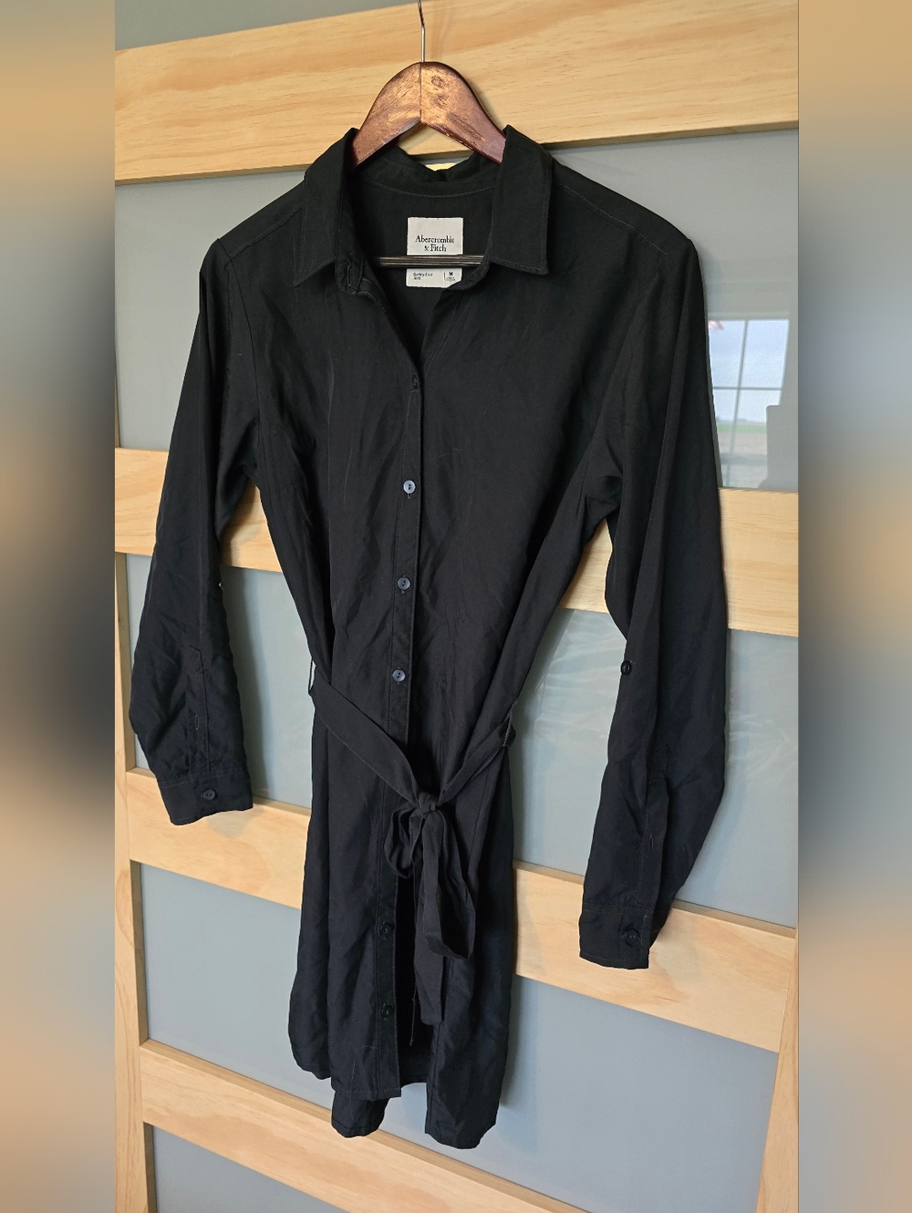 Abercrombie & Fitch Black Long-Sleeve Shirt Dress with Tie Waist